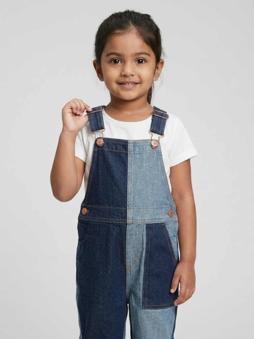 Biglilpeople Girls Blue Color-Blocked Square Neck Sleeveless Dungaree