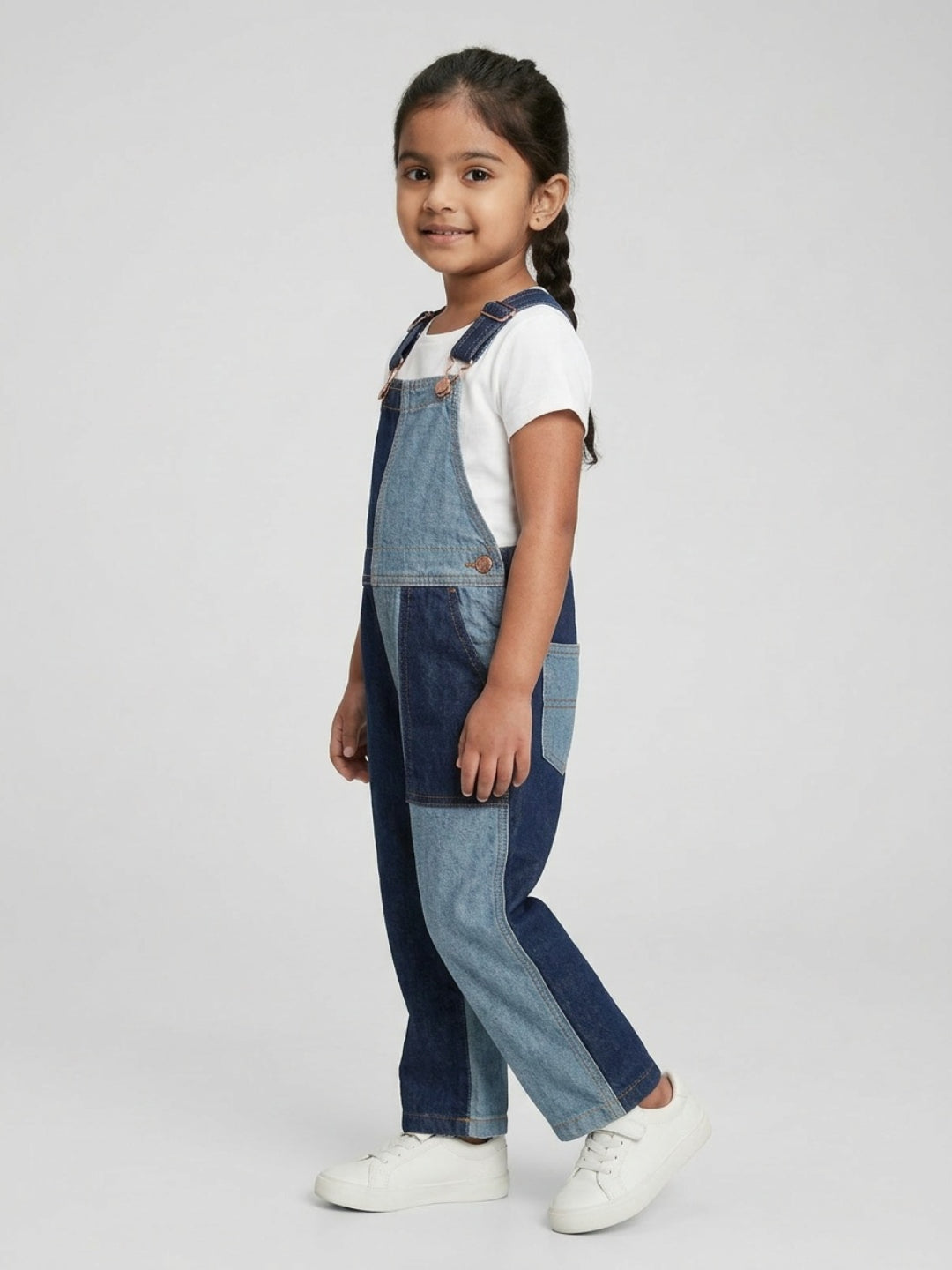 Biglilpeople Girls Blue Color-Blocked Square Neck Sleeveless Dungaree
