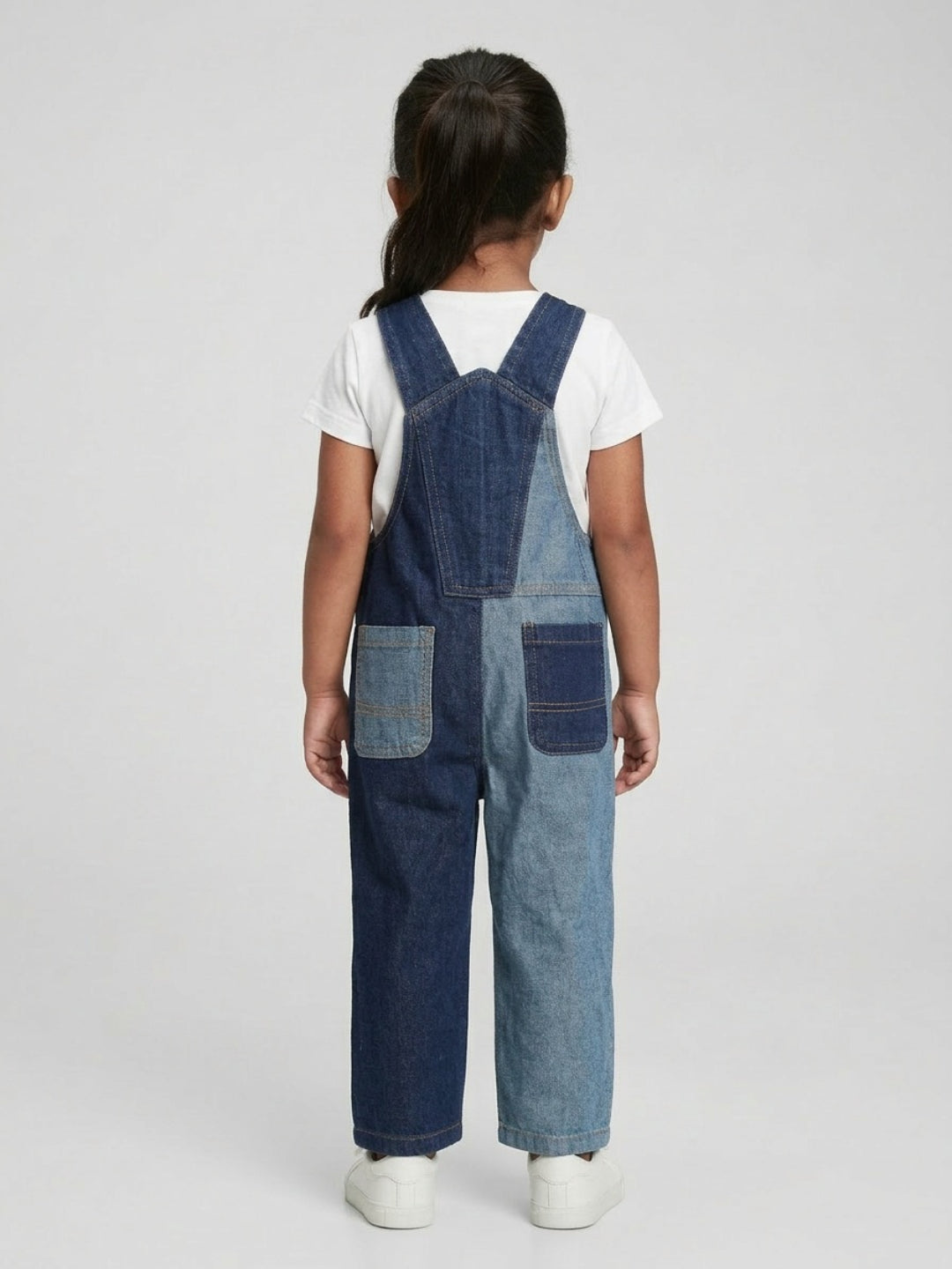 Biglilpeople Girls Blue Color-Blocked Square Neck Sleeveless Dungaree