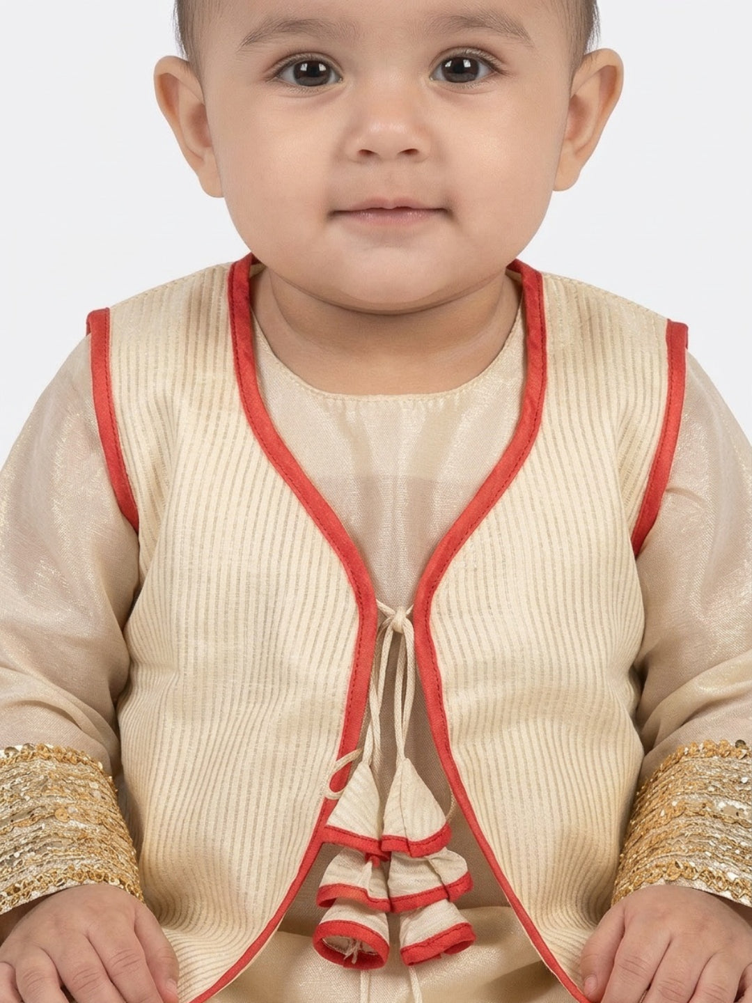 बिग लिल पीपल शिशु लड़कियों के लिए पारंपरिक बेज सीधा कुर्ता पैंट और बिना आस्तीन की जैकेट के साथ