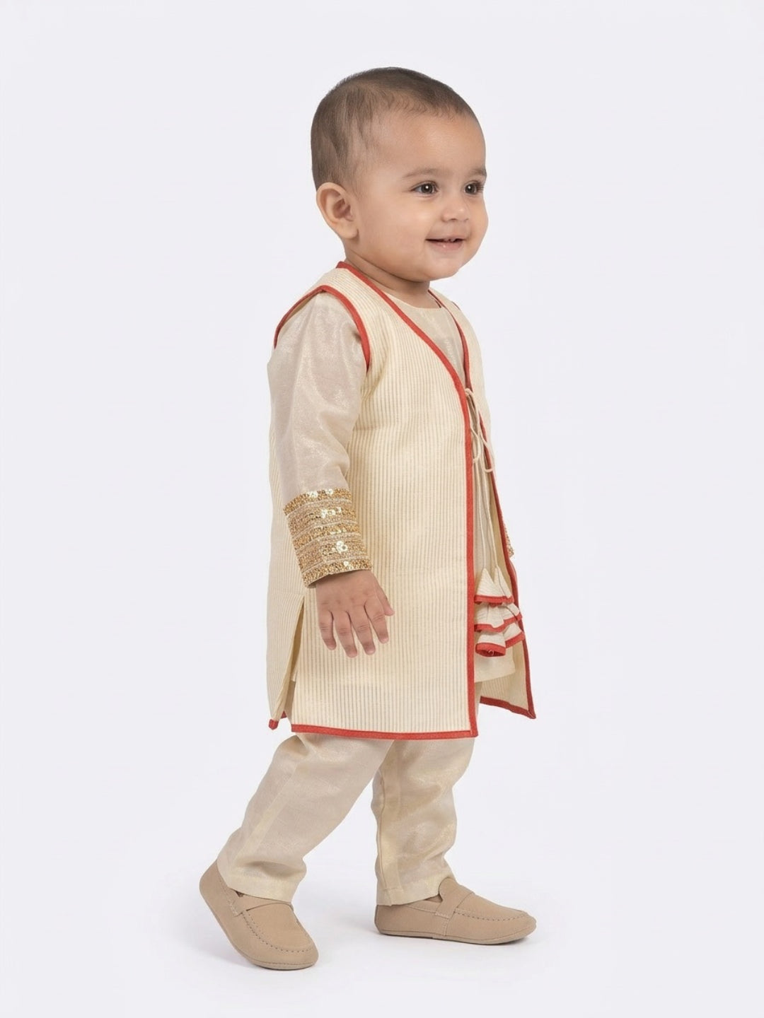 Biglilpeople Kurta recta tradicional beige para bebé niña con pantalón y chaqueta sin mangas