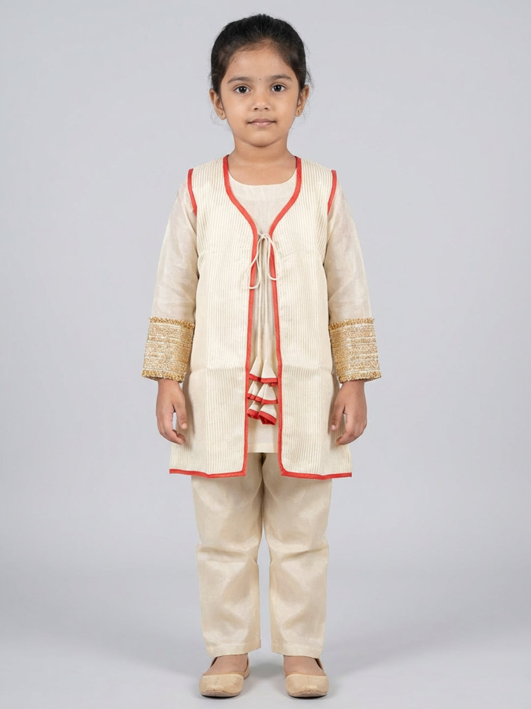 Biglilpeople Girls Traditional Ivory Straight Kurta with Pant & Sleeveless Jacket