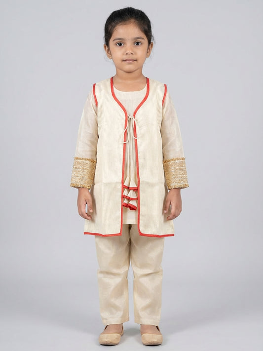 Biglilpeople Girls Traditional Beige Straight Kurta with Pant & Sleeveless Jacket