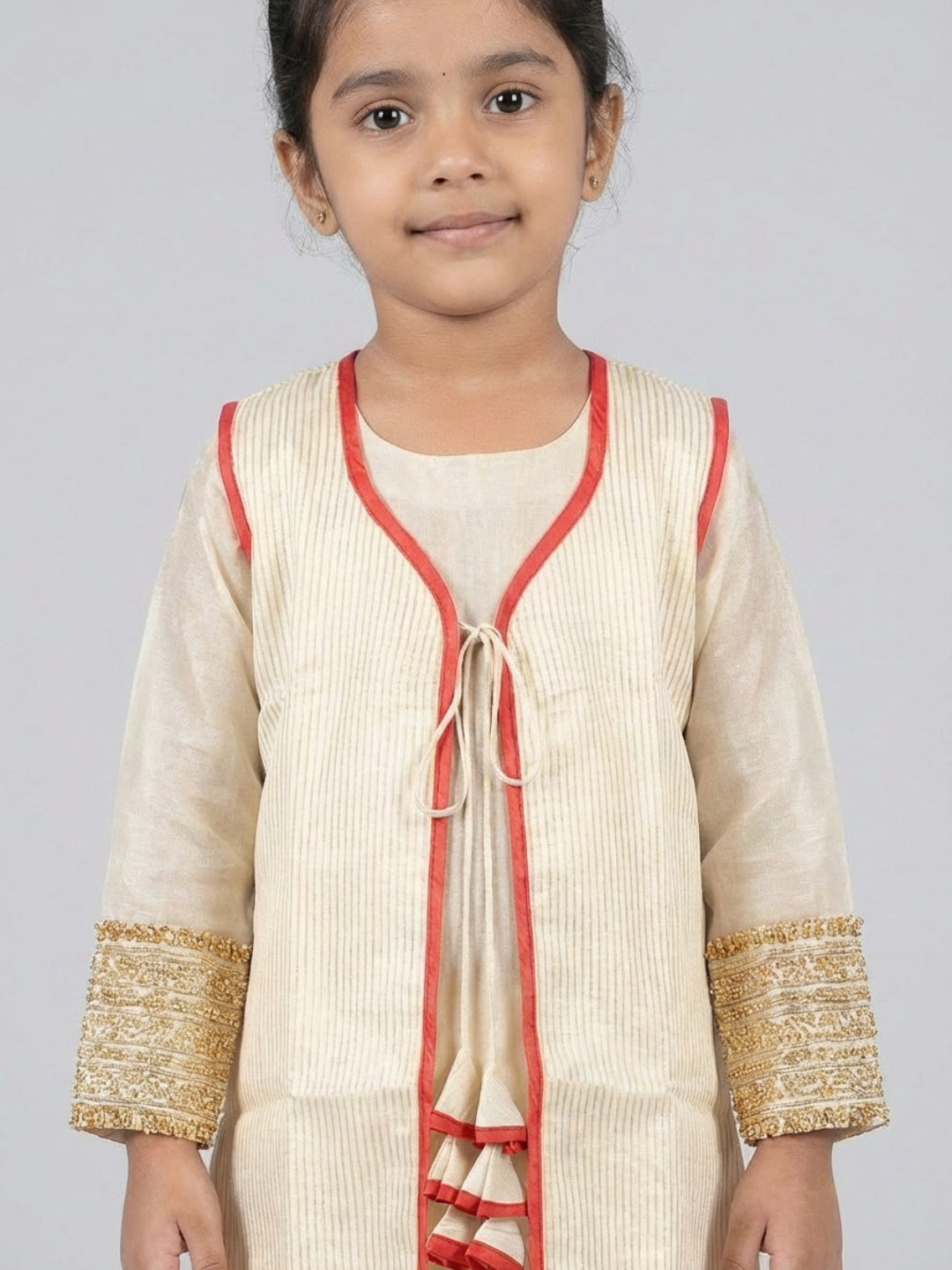 Biglilpeople Girls Traditional Ivory Straight Kurta with Pant & Sleeveless Jacket