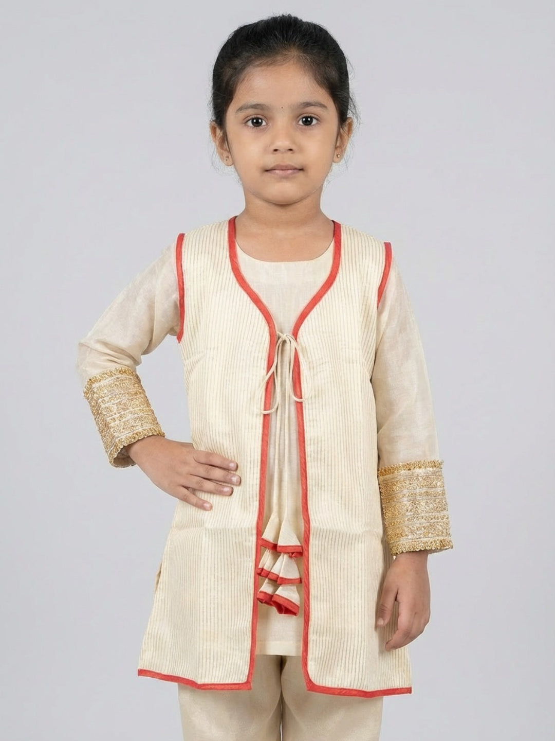 Biglilpeople Girls Traditional Ivory Straight Kurta with Pant & Sleeveless Jacket