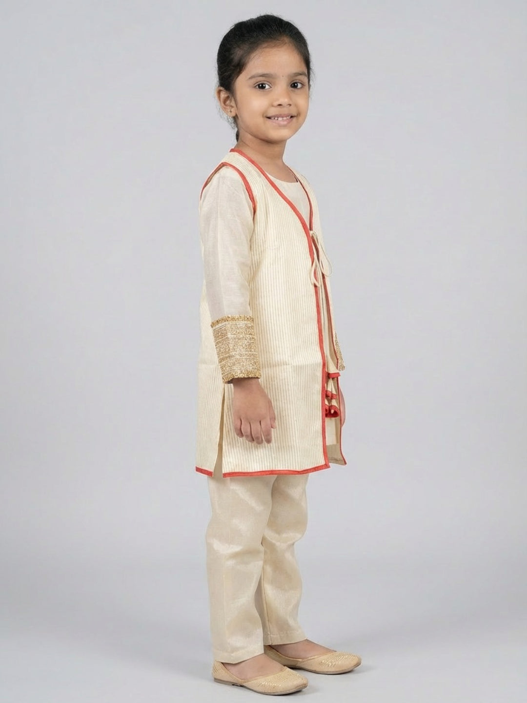 Biglilpeople Girls Traditional Ivory Straight Kurta with Pant & Sleeveless Jacket
