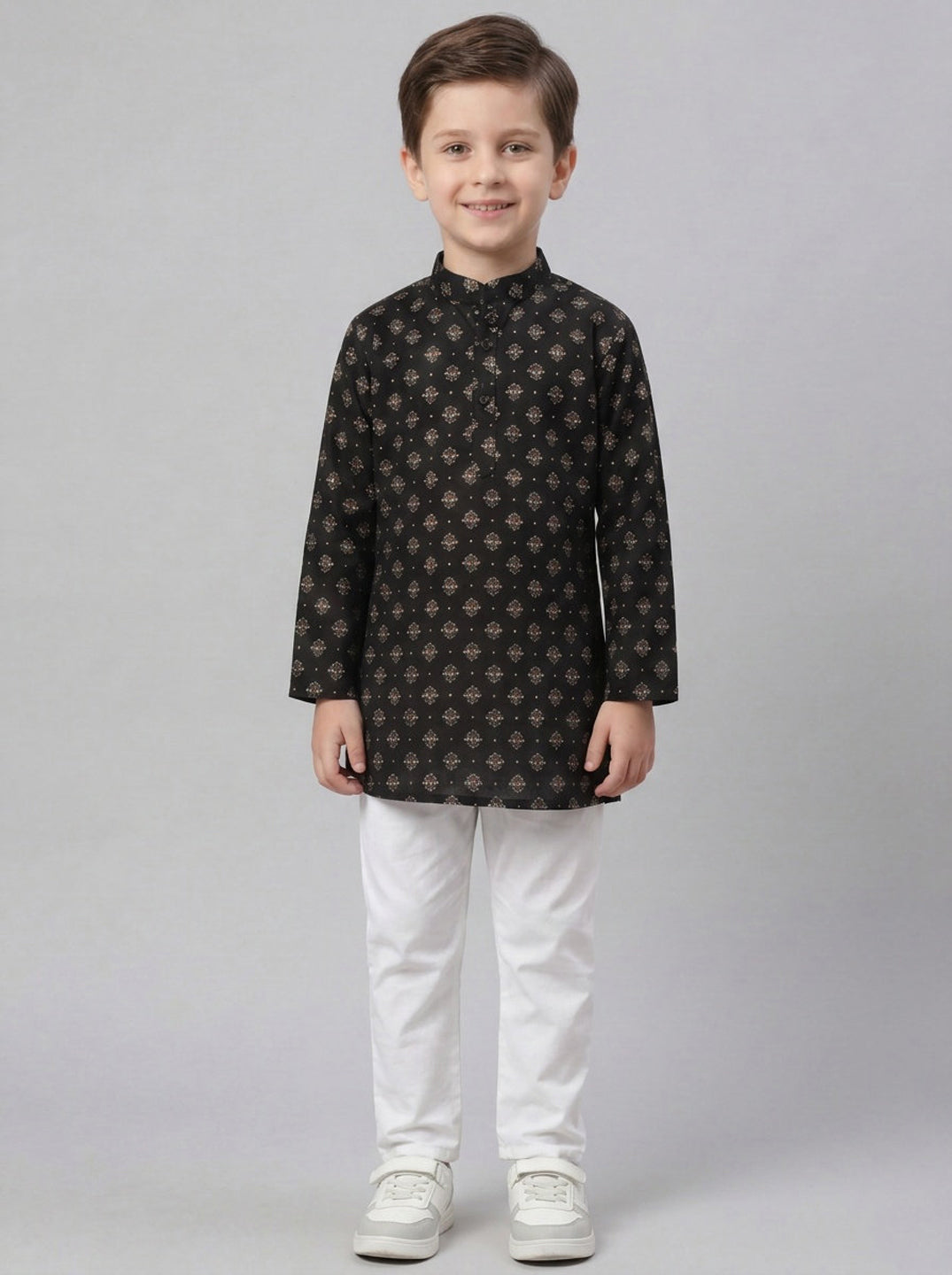 Biglilpeople Boys Charcoal Black Floral Printed Cotton Kurta with White Pants Set