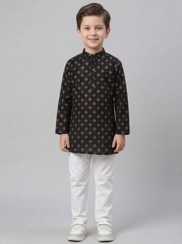 Biglilpeople Boys Charcoal Black Floral Printed Cotton Kurta with White Pants Set