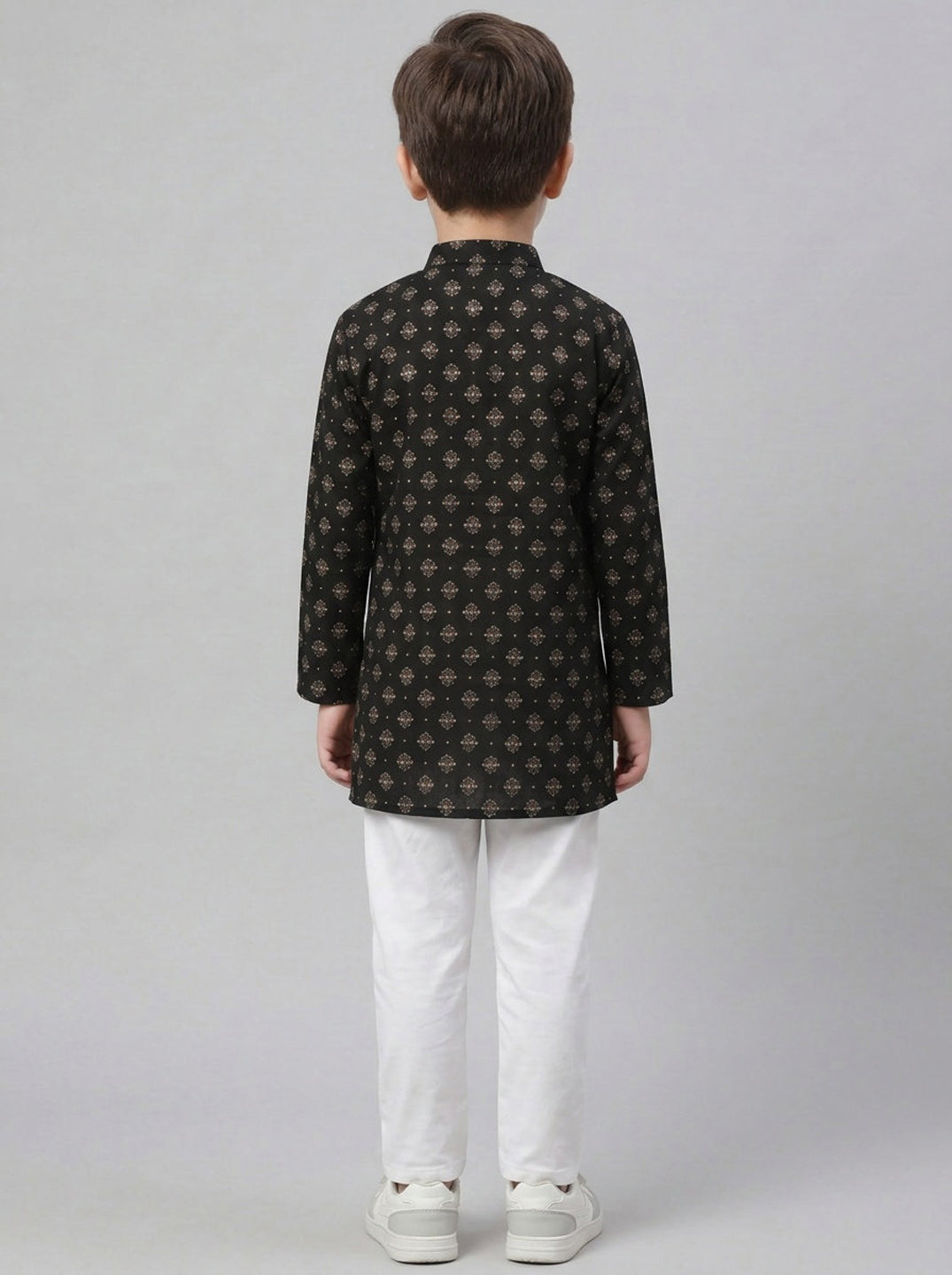 Biglilpeople Boys Charcoal Black Floral Printed Cotton Kurta with White Pants Set