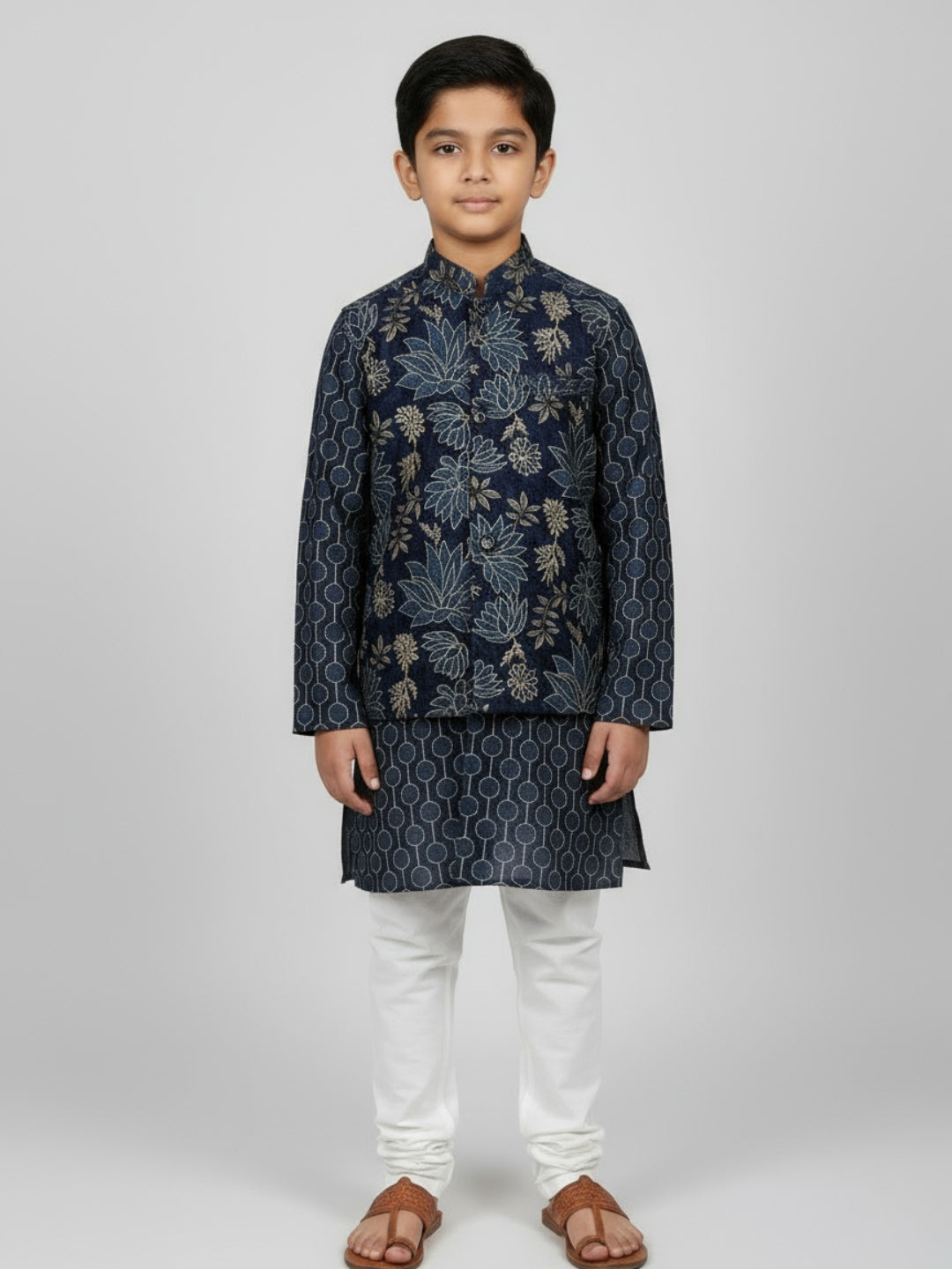 Boys Printed Kurta with Jacket and White Churidar Set
