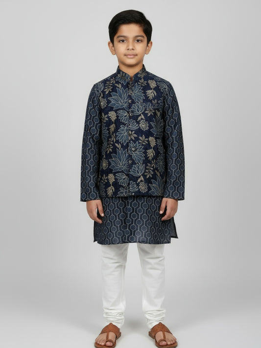 Boys Printed Kurta with Jacket and White Churidar Set