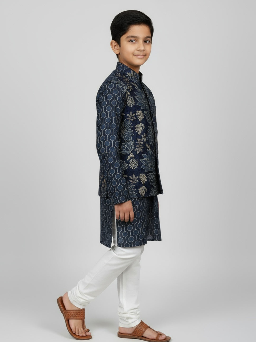 Boys Printed Kurta with Jacket and White Churidar Set