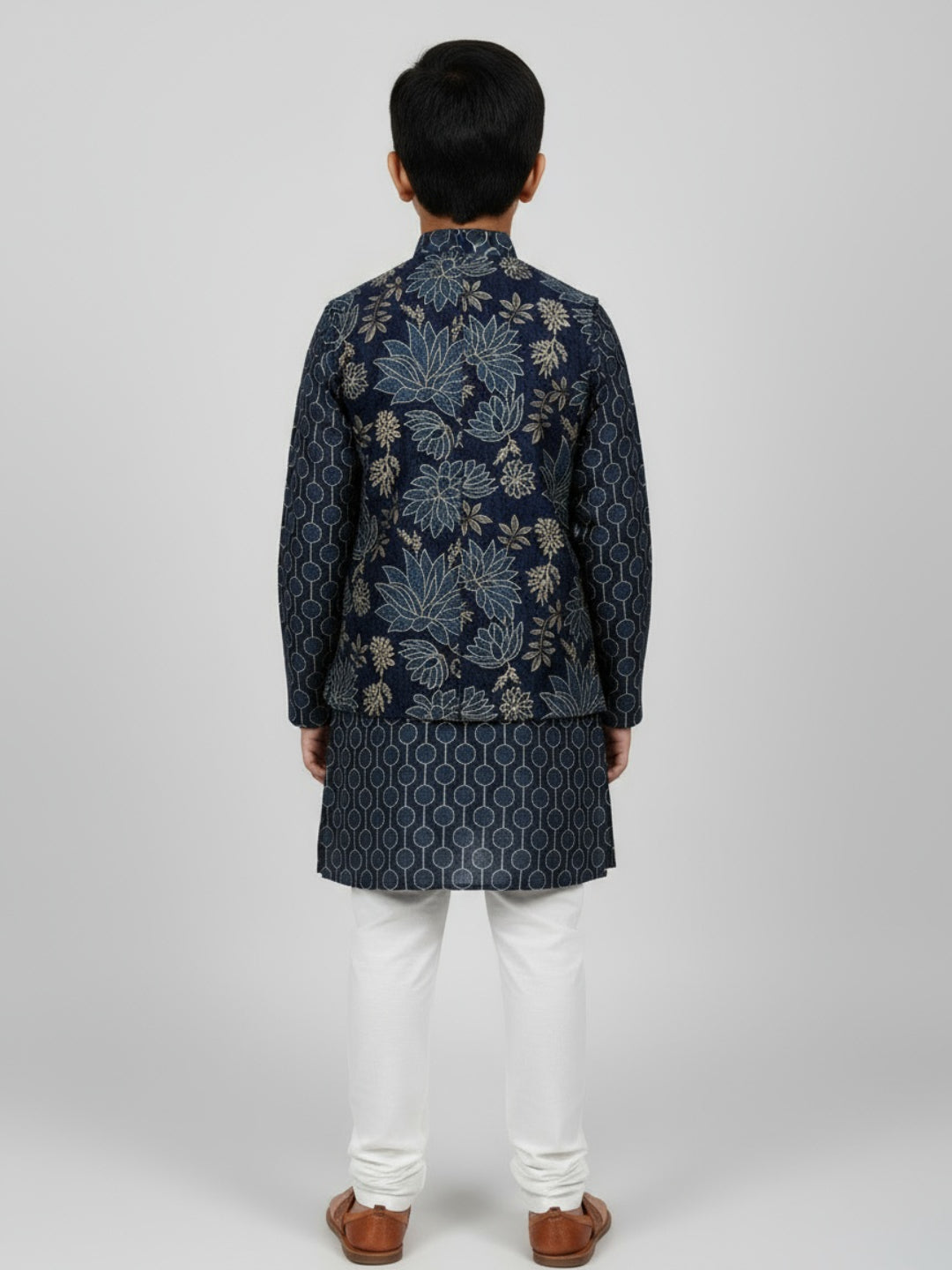 Boys Printed Kurta with Jacket and White Churidar Set