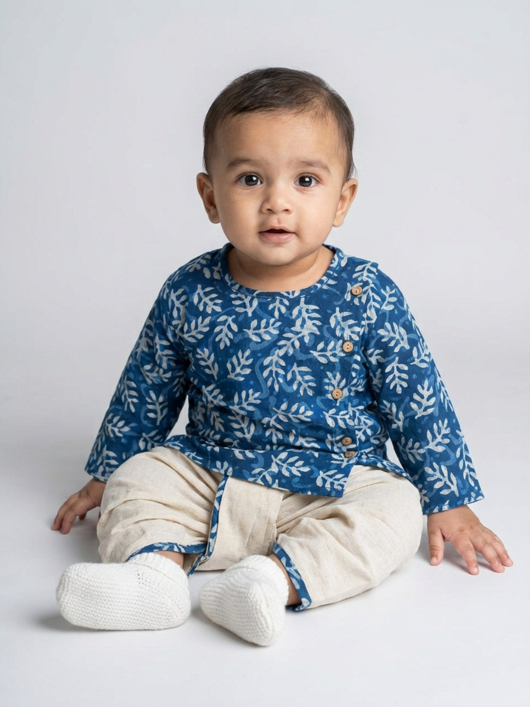 Biglilpeople Boys Blue Round Neck Full Sleeves Angrakha Kurta and Dhoti Pants Set