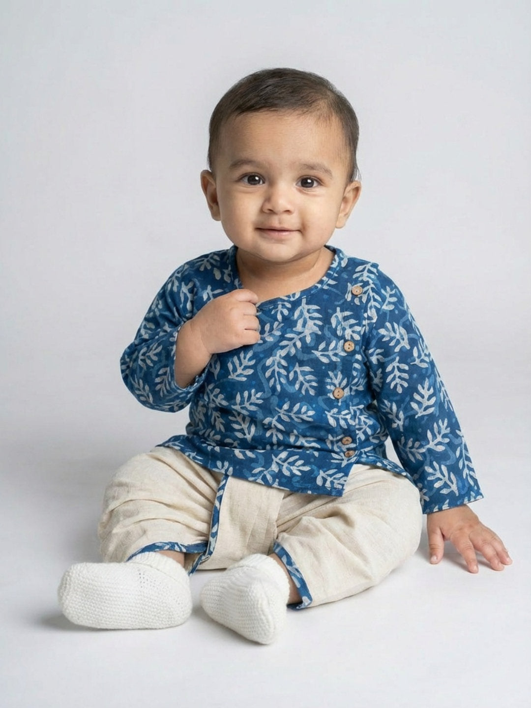 Biglilpeople Boys Blue Round Neck Full Sleeves Angrakha Kurta and Dhoti Pants Set