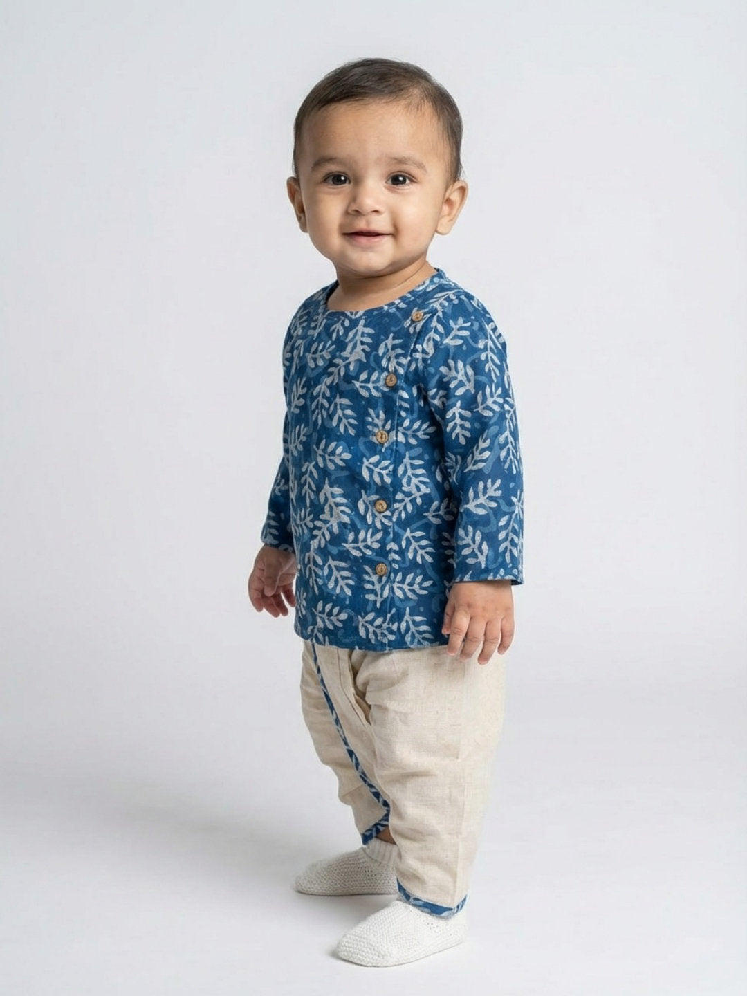 Biglilpeople Boys Blue Round Neck Full Sleeves Angrakha Kurta and Dhoti Pants Set