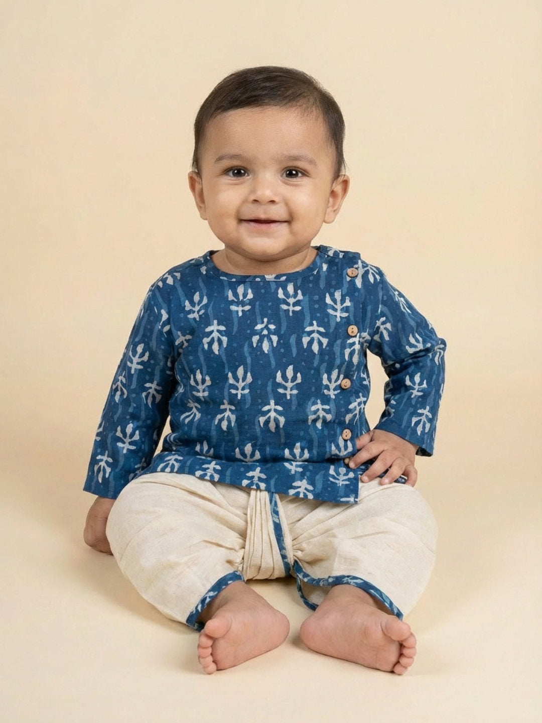 Biglilpeople Boys Blue Round Neck Full Sleeves Angrakha Kurta and Dhoti Pants Set