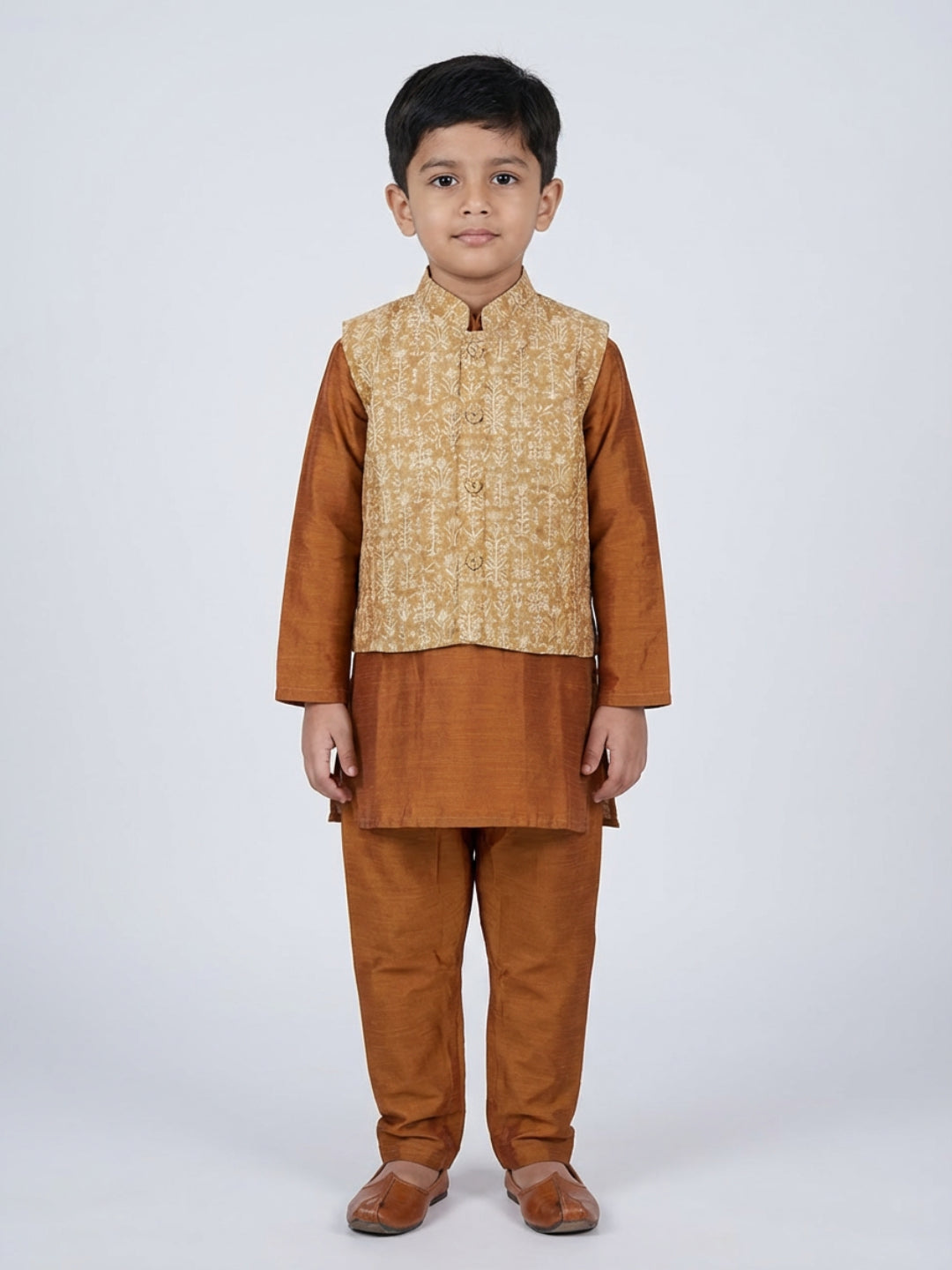 Biglilpeople Boys  Solid Brown Straight Kurta & Pyjama Set with Nehru Jacket