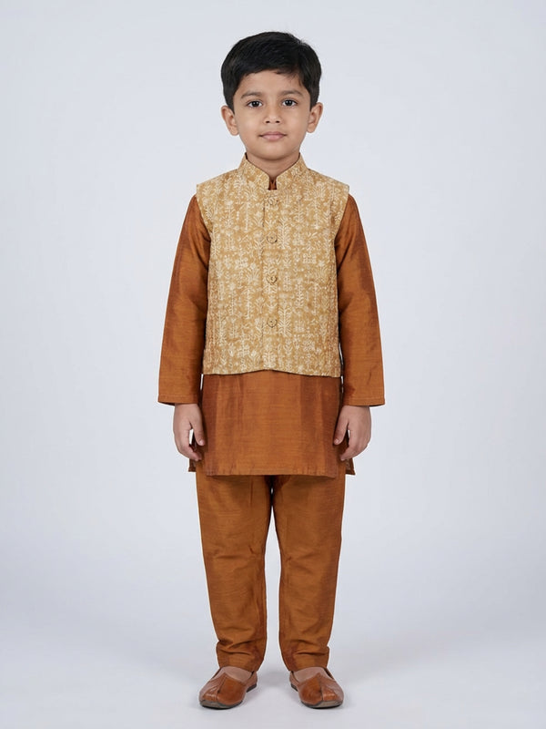 Biglilpeople Boys  Solid Brown Straight Kurta & Pyjama Set with Nehru Jacket