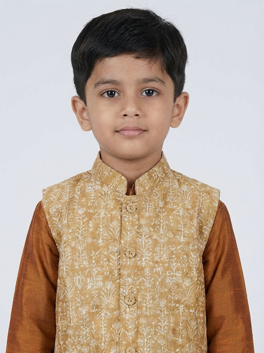 Biglilpeople Boys  Solid Brown Straight Kurta & Pyjama Set with Nehru Jacket