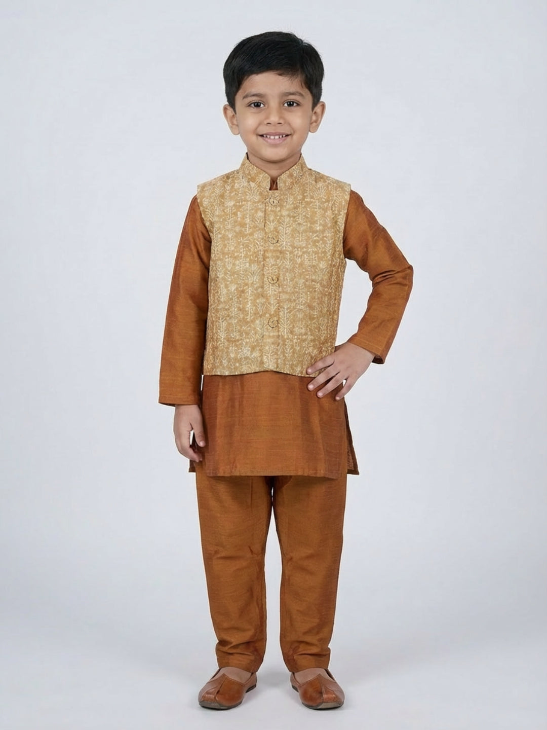 Biglilpeople Boys  Solid Brown Straight Kurta & Pyjama Set with Nehru Jacket