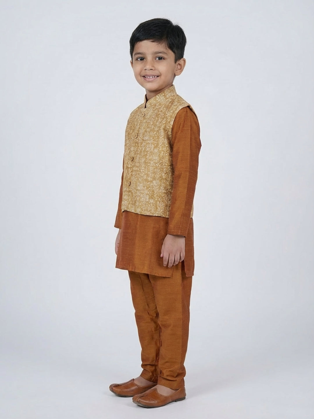 Biglilpeople Boys  Solid Brown Straight Kurta & Pyjama Set with Nehru Jacket