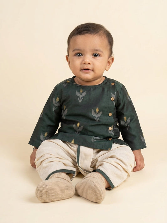 Biglilpeople Boys Green Round Neck Full Sleeves Angrakha Kurta and Dhoti Pants Set