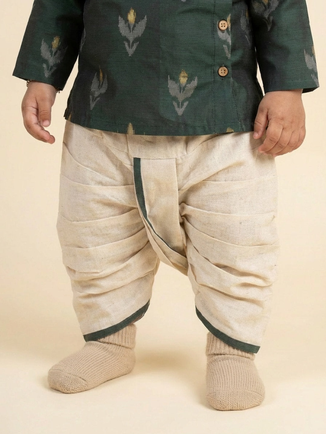 Biglilpeople Boys Green Round Neck Full Sleeves Angrakha Kurta and Dhoti Pants Set