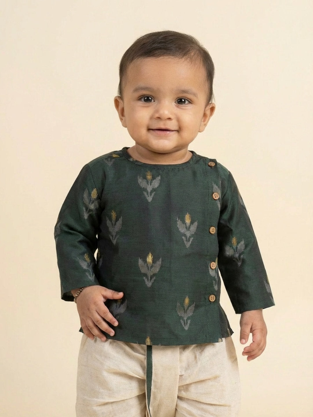 Biglilpeople Boys Green Round Neck Full Sleeves Angrakha Kurta and Dhoti Pants Set