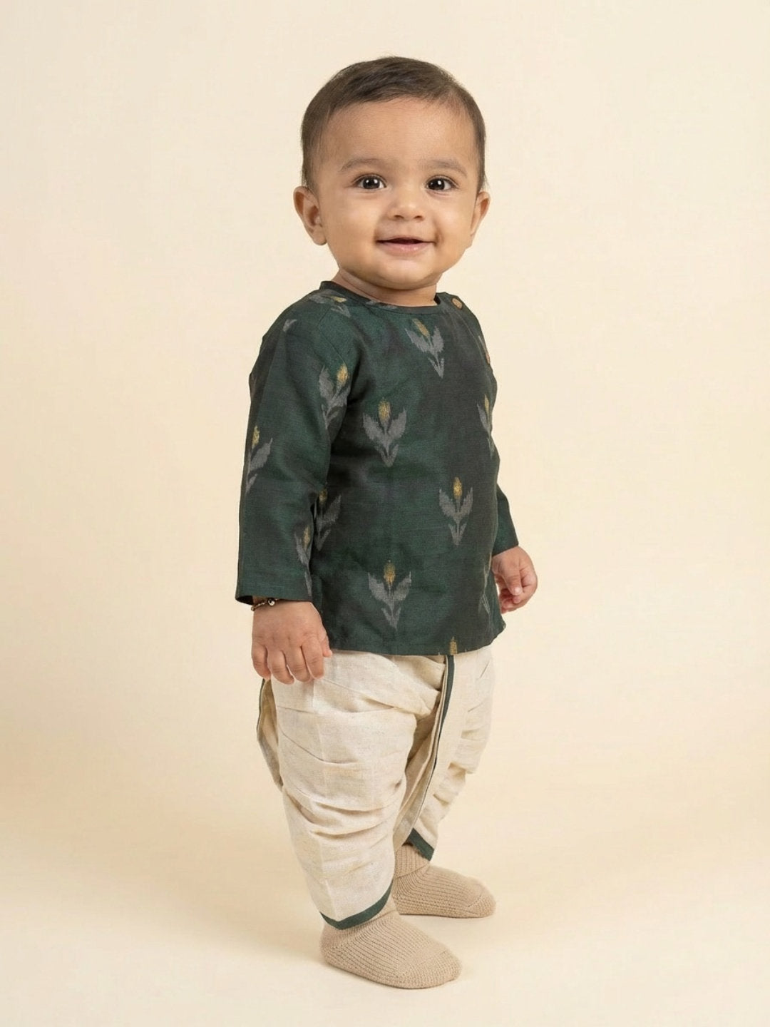 Biglilpeople Boys Green Round Neck Full Sleeves Angrakha Kurta and Dhoti Pants Set