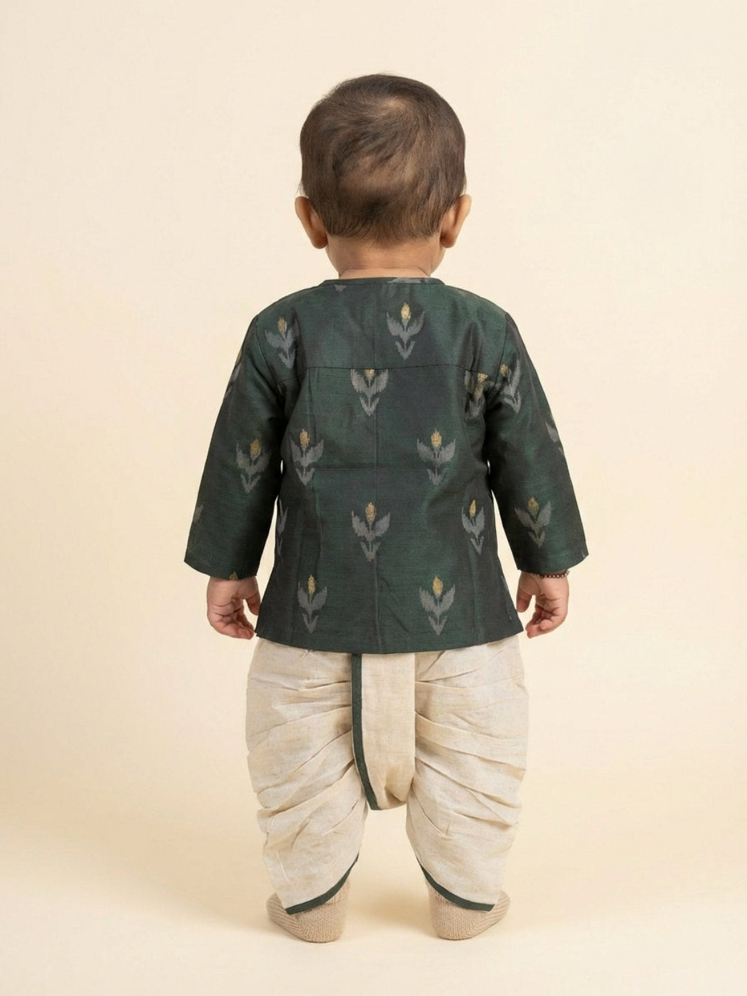 Biglilpeople Boys Green Round Neck Full Sleeves Angrakha Kurta and Dhoti Pants Set