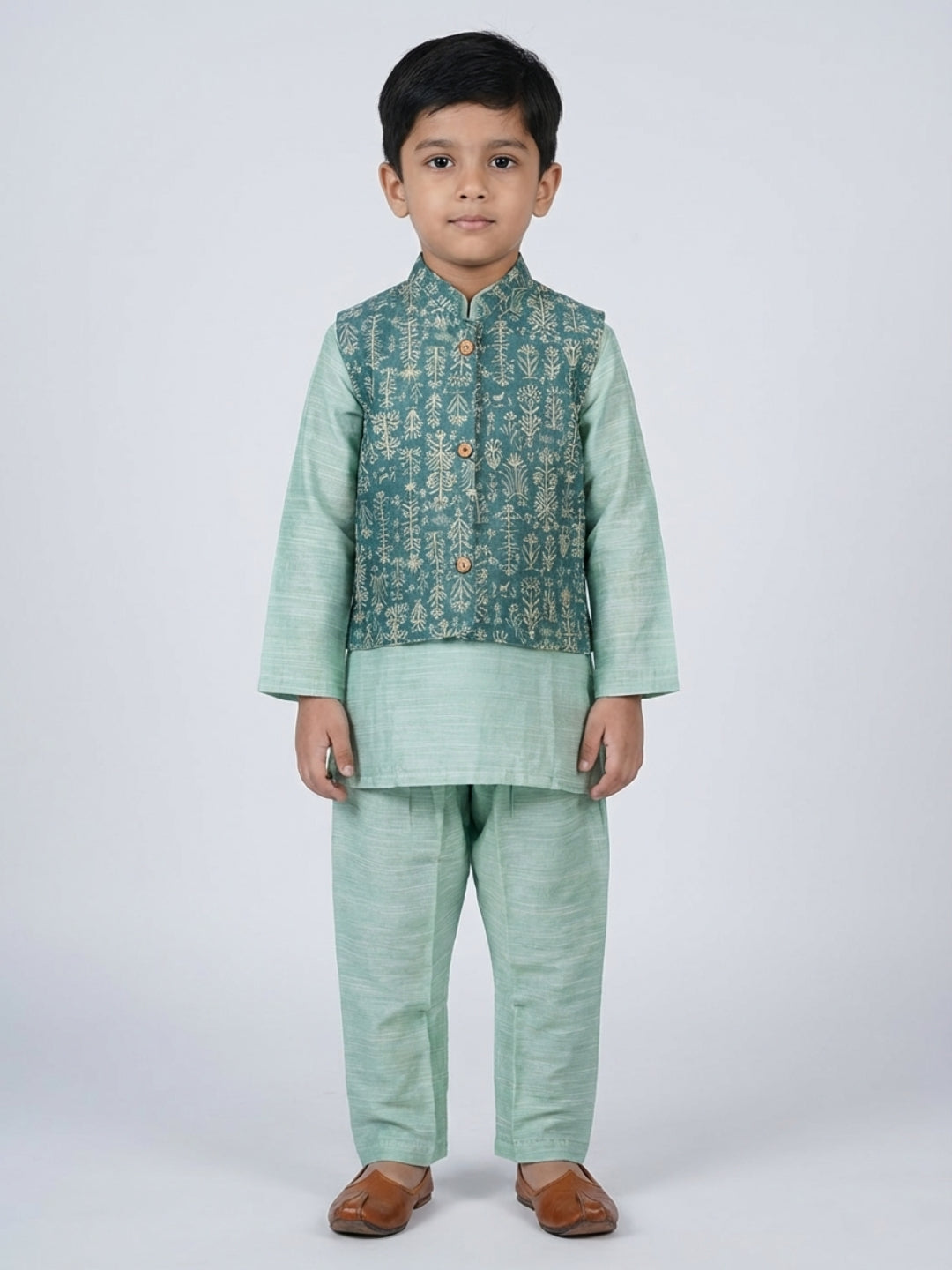 Biglilpeople Boys  Solid Green Straight Kurta & Pyjama Set with Nehru Jacket
