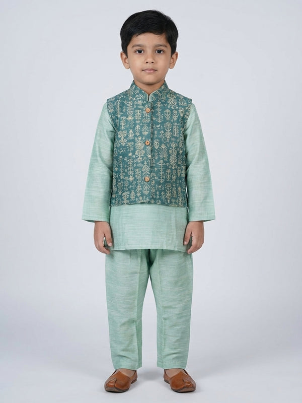 Biglilpeople Boys  Solid Green Straight Kurta & Pyjama Set with Nehru Jacket
