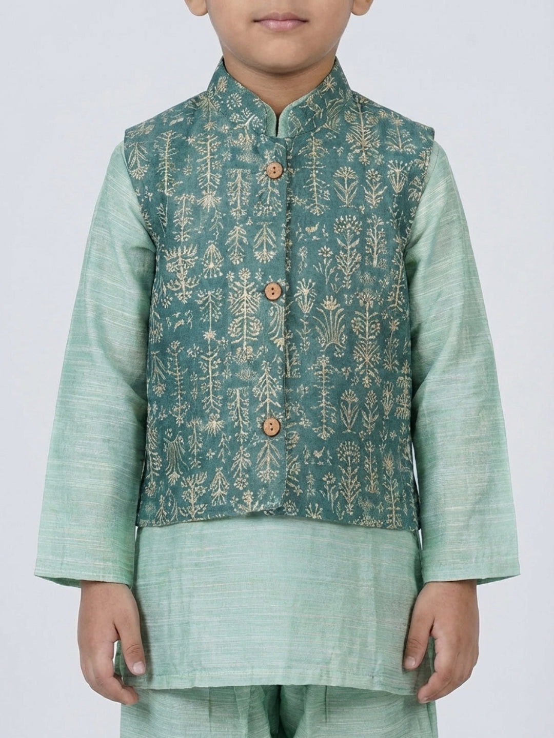 Biglilpeople Boys  Solid Green Straight Kurta & Pyjama Set with Nehru Jacket