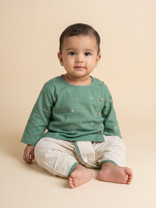 Biglilpeople Boys Green Round Neck Full Sleeves Angrakha Kurta and Dhoti Pants Set