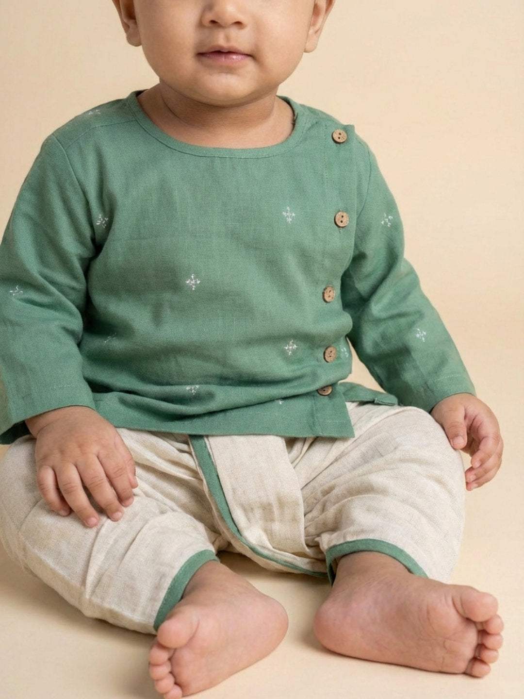 Biglilpeople Boys Green Round Neck Full Sleeves Angrakha Kurta and Dhoti Pants Set