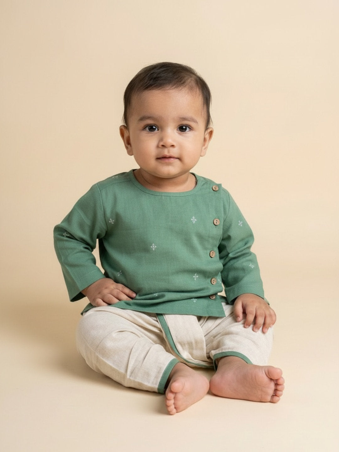 Biglilpeople Boys Green Round Neck Full Sleeves Angrakha Kurta and Dhoti Pants Set