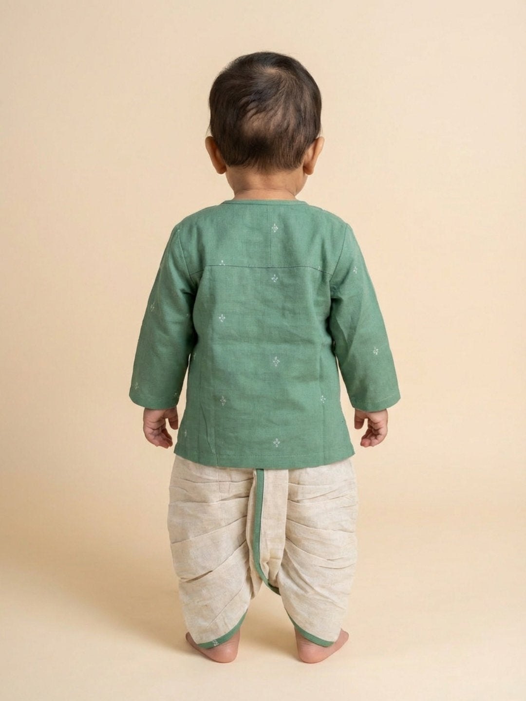 Biglilpeople Boys Green Round Neck Full Sleeves Angrakha Kurta and Dhoti Pants Set