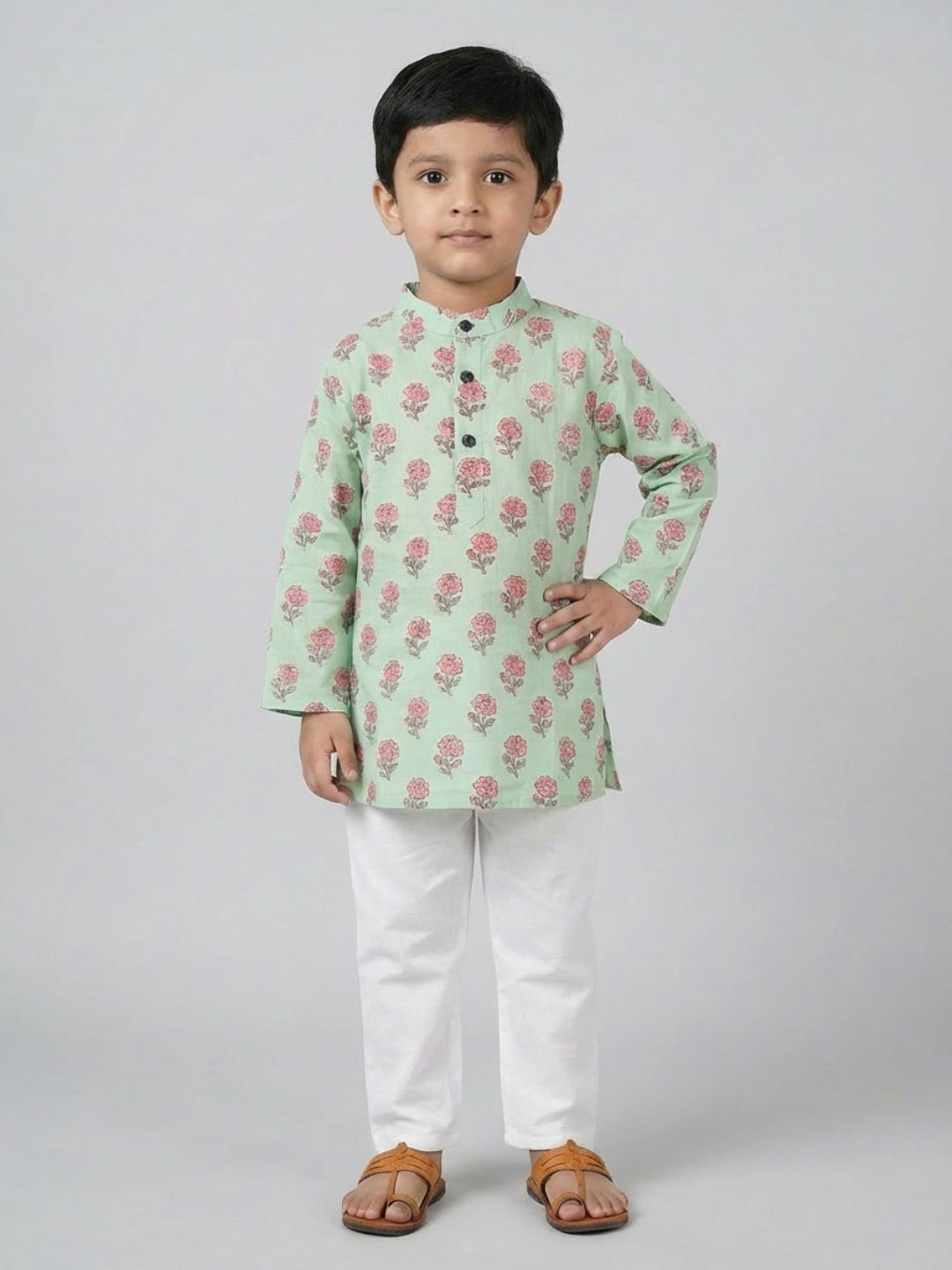 Biglilpeople Boys Green Floral Print Mandarin Collar Full Sleeves Straight Kurta Pyjamas Set