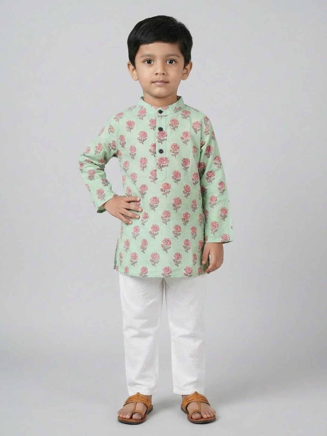 Biglilpeople Boys Green Floral Print Mandarin Collar Full Sleeves Straight Kurta Pyjamas Set