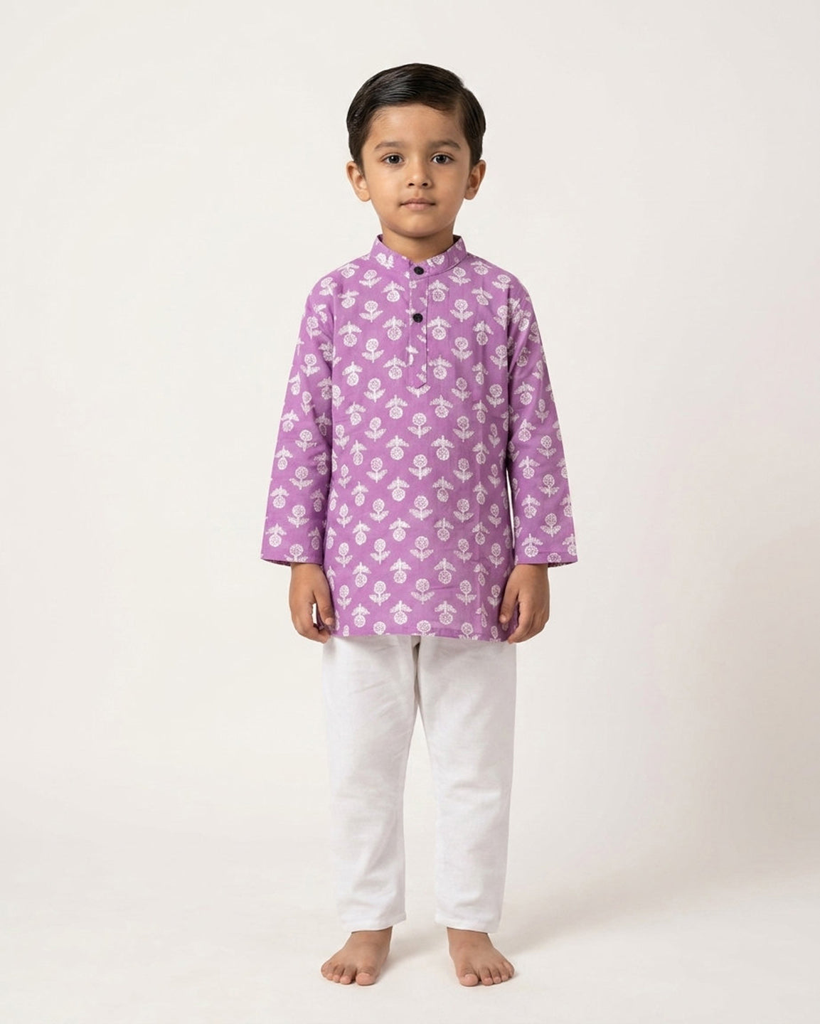 Biglilpeople Boys Magenta Floral Printed Cotton Kurta with White Dhoti Pants Set
