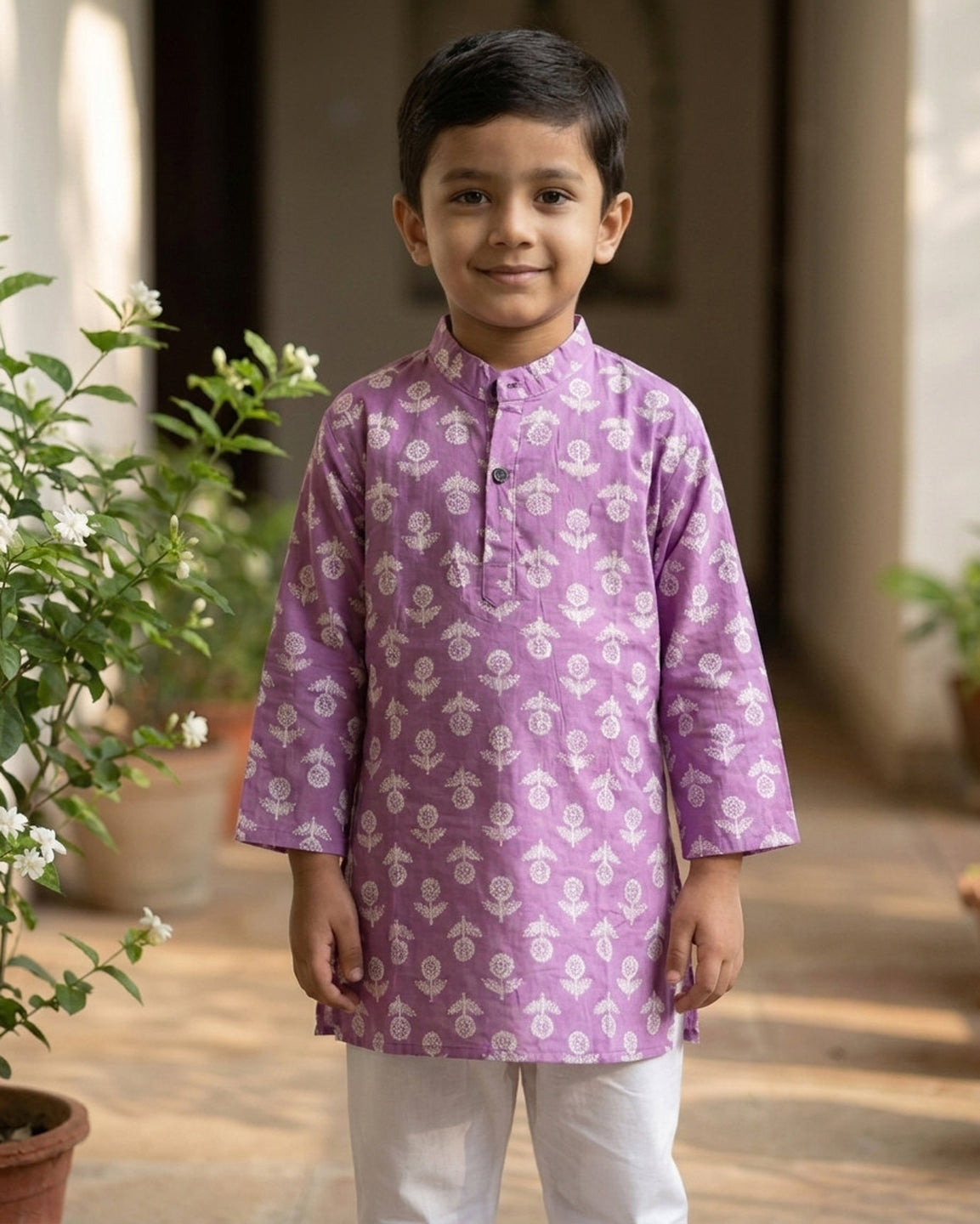 Biglilpeople Boys Magenta Floral Printed Cotton Kurta with White Dhoti Pants Set