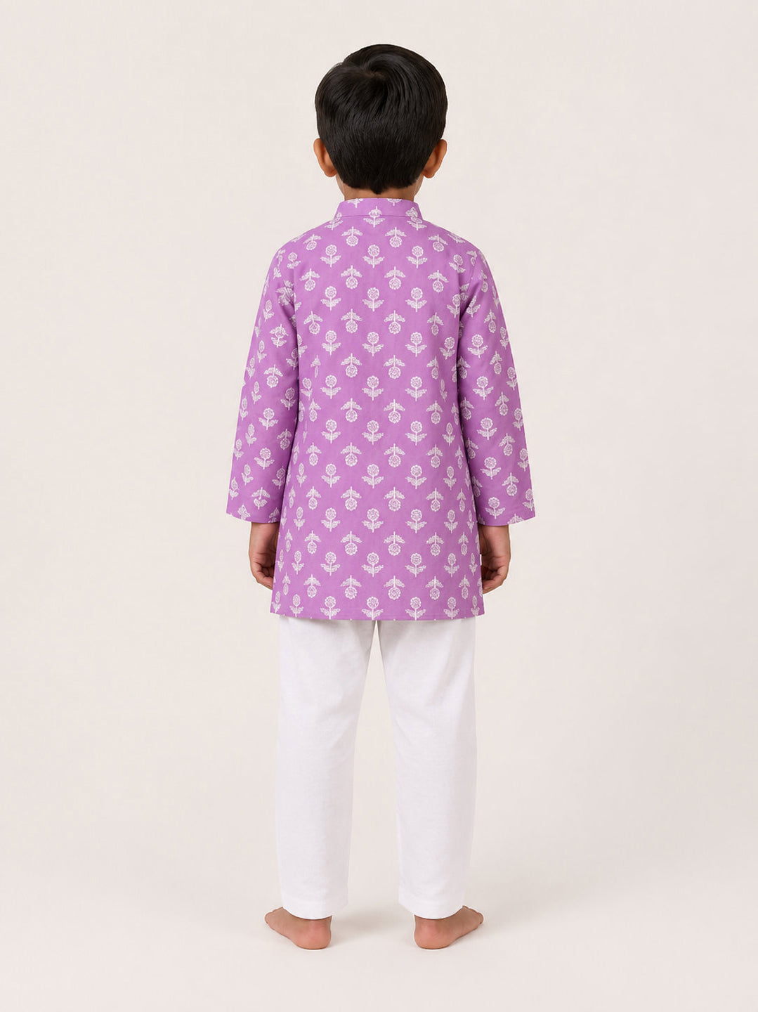 Biglilpeople Boys Magenta Floral Printed Cotton Kurta with White Dhoti Pants Set