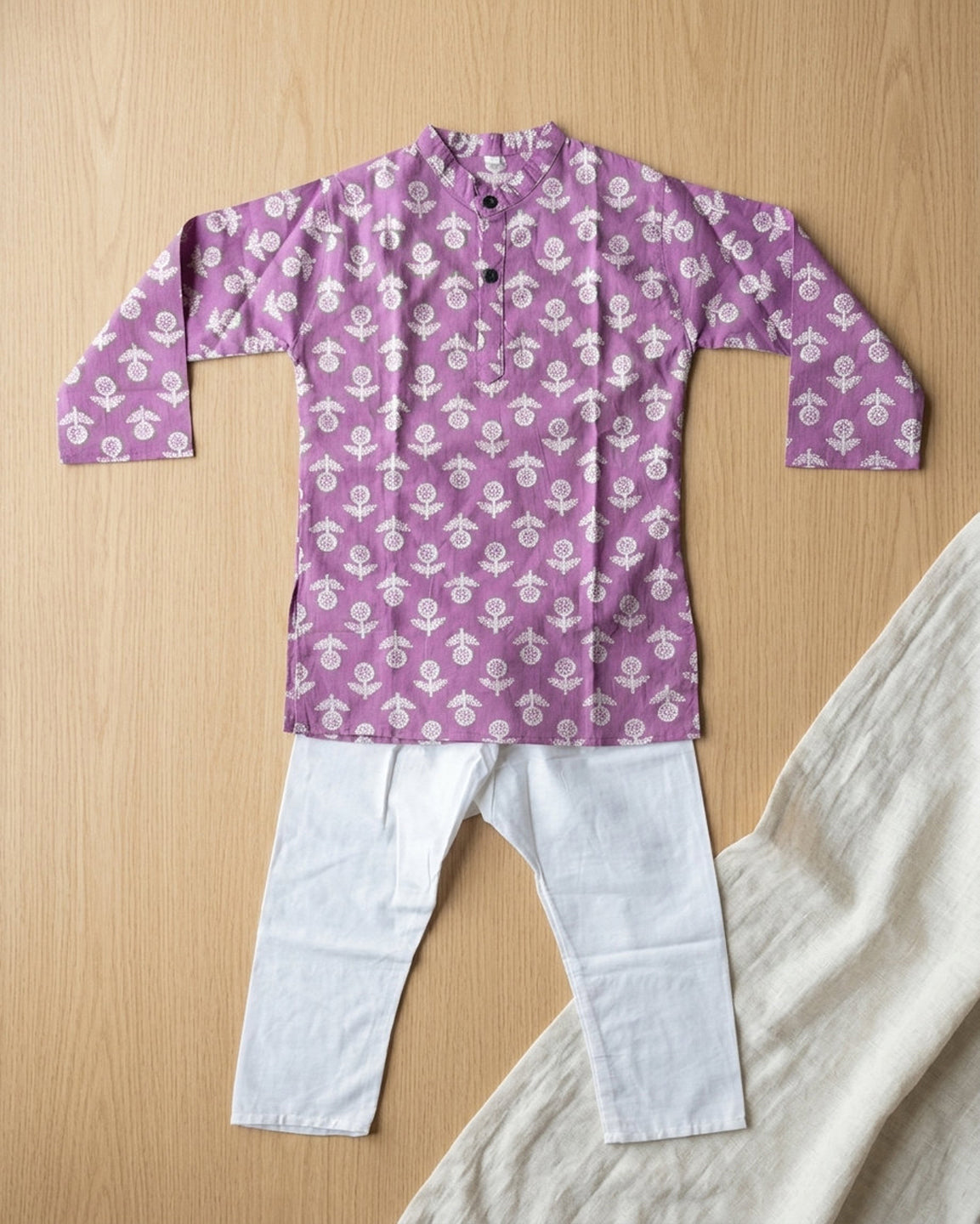 Biglilpeople Boys Magenta Floral Printed Cotton Kurta with White Dhoti Pants Set