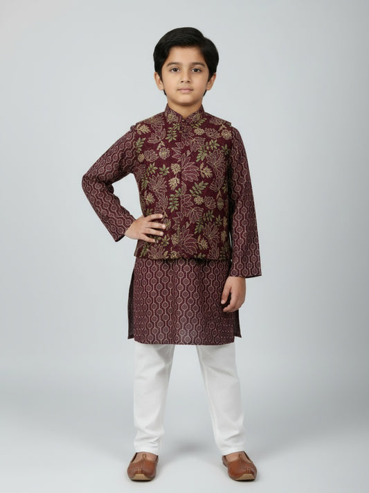 Boys Printed Kurta with Jacket and White Churidar Set