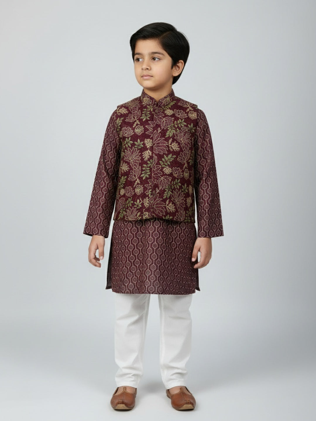 Boys Printed Kurta with Jacket and White Churidar Set
