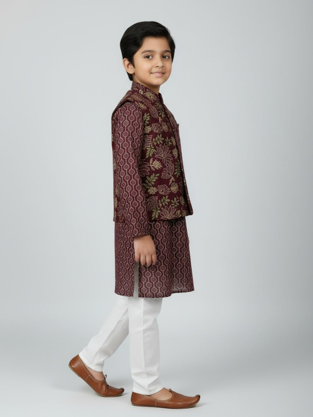 Boys Printed Kurta with Jacket and White Churidar Set