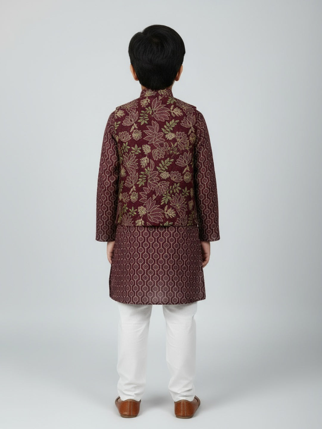 Boys Printed Kurta with Jacket and White Churidar Set
