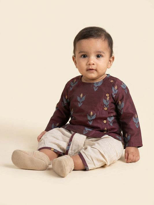 Biglilpeople Boys Maroon Round Neck Full Sleeves Angrakha Kurta and Dhoti Pants Set