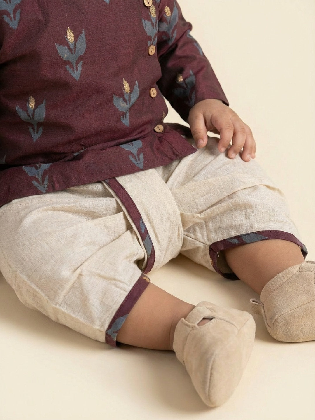 Biglilpeople Boys Maroon Round Neck Full Sleeves Angrakha Kurta and Dhoti Pants Set